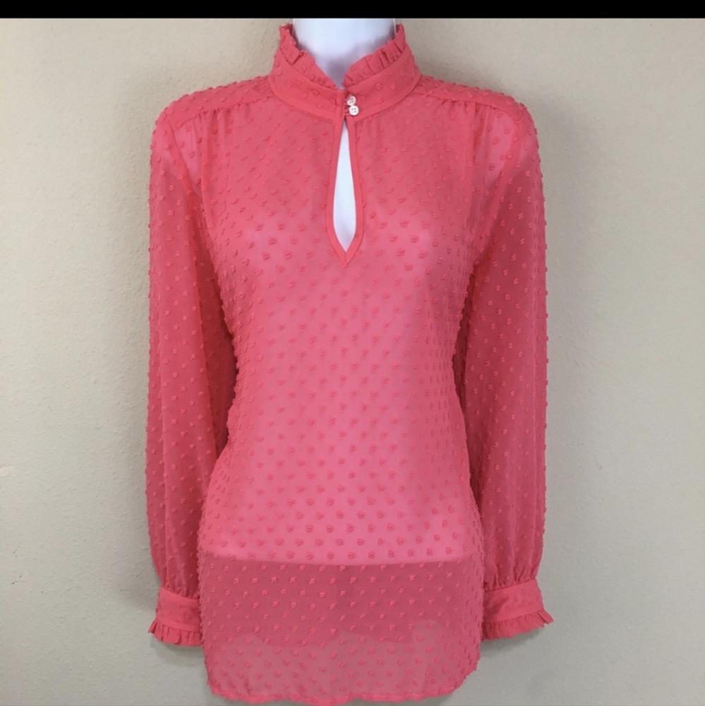J.CREW Swiss Dot Chiffon Blouse High-Neck Ruffle 4 pink ❤️